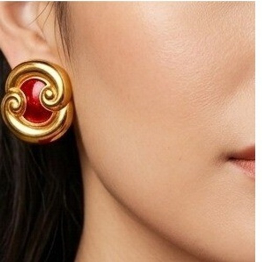 NOS Vintage Gold Tone Red Enamel Swirl Clip On Statement Earrings